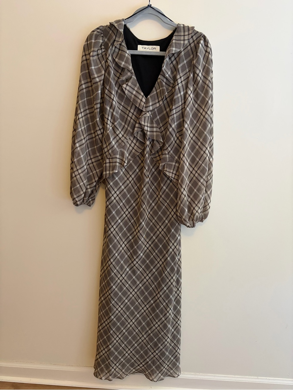 Taylor Long Plaid Ruffle-Front Dress